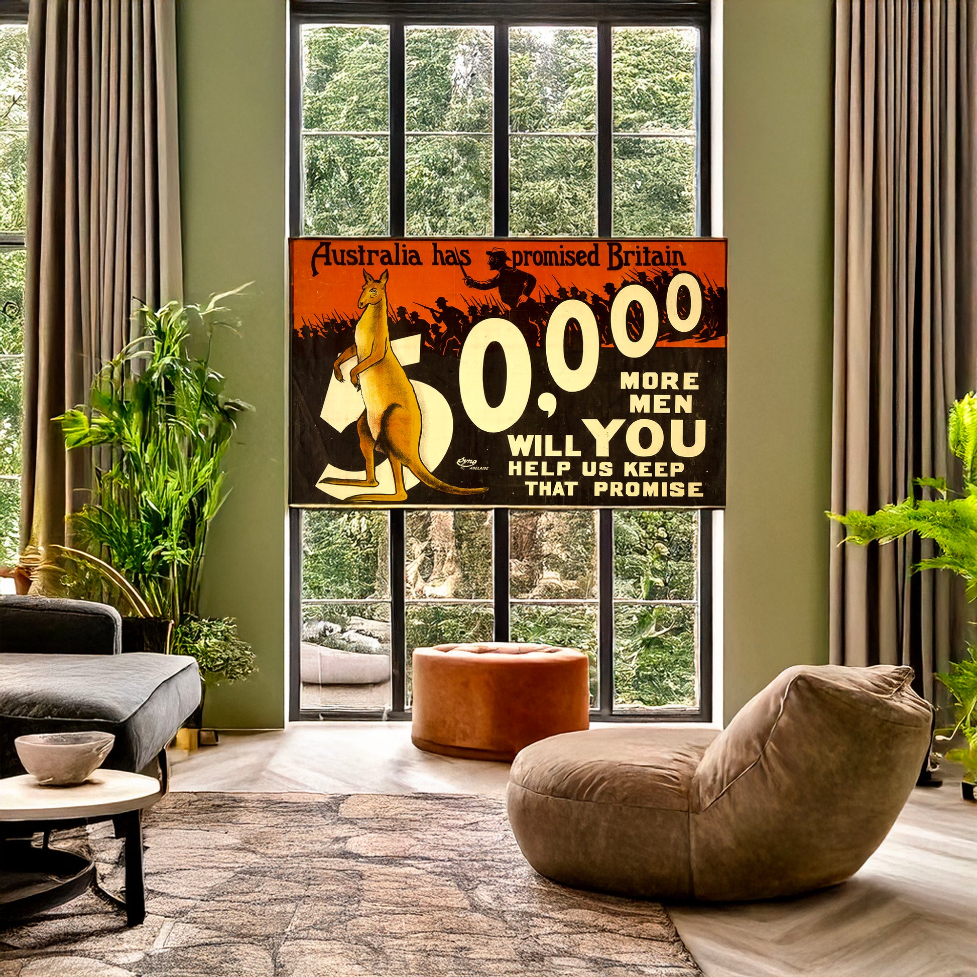 A picture of Australia has promised Britain 50,000 more men; will you help us keep that promise, a mockup of the print leaning against a wall