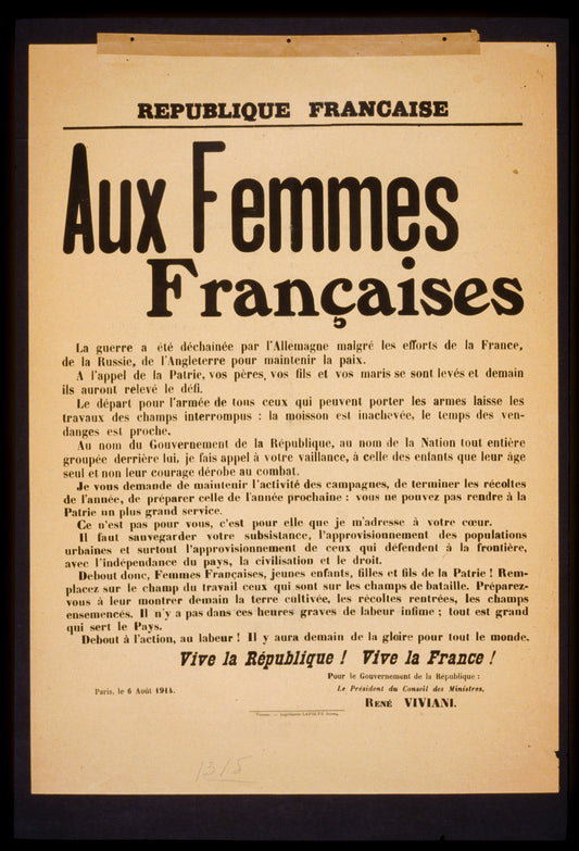 A picture of Aux femmes françaises. La guerre a été déchaînée par l'Allemagne malgré les efforts de la France, de la Russie, de   l'Angleterre pour maintenir la paix