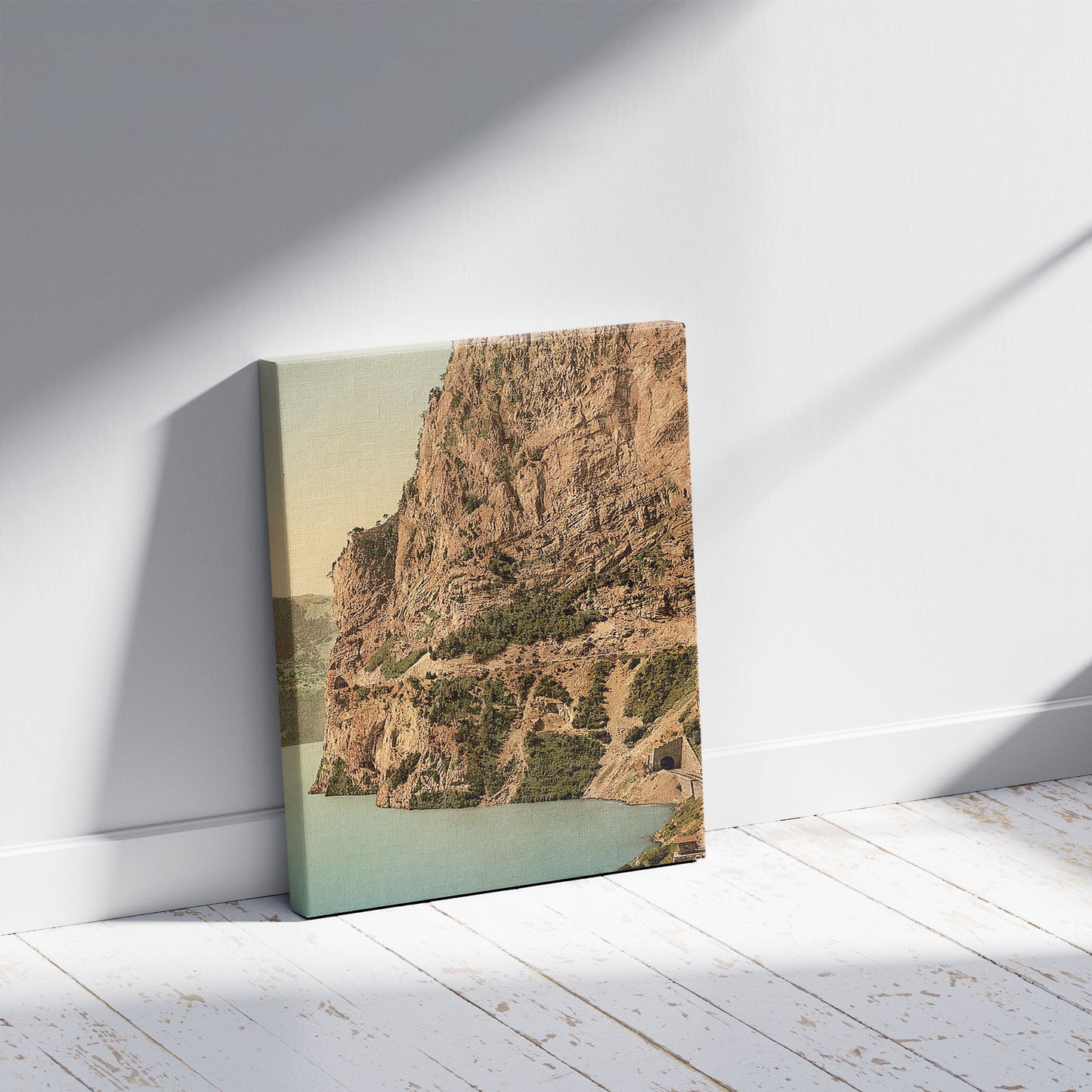 A picture of Axenstrasse, general view, Lake Lucerne, Switzerland, a mockup of the print leaning against a wall