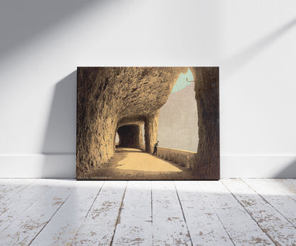 A picture of Axenstrasse, view on the lake, Lake Lucerne, Switzerland, a mockup of the print leaning against a wall