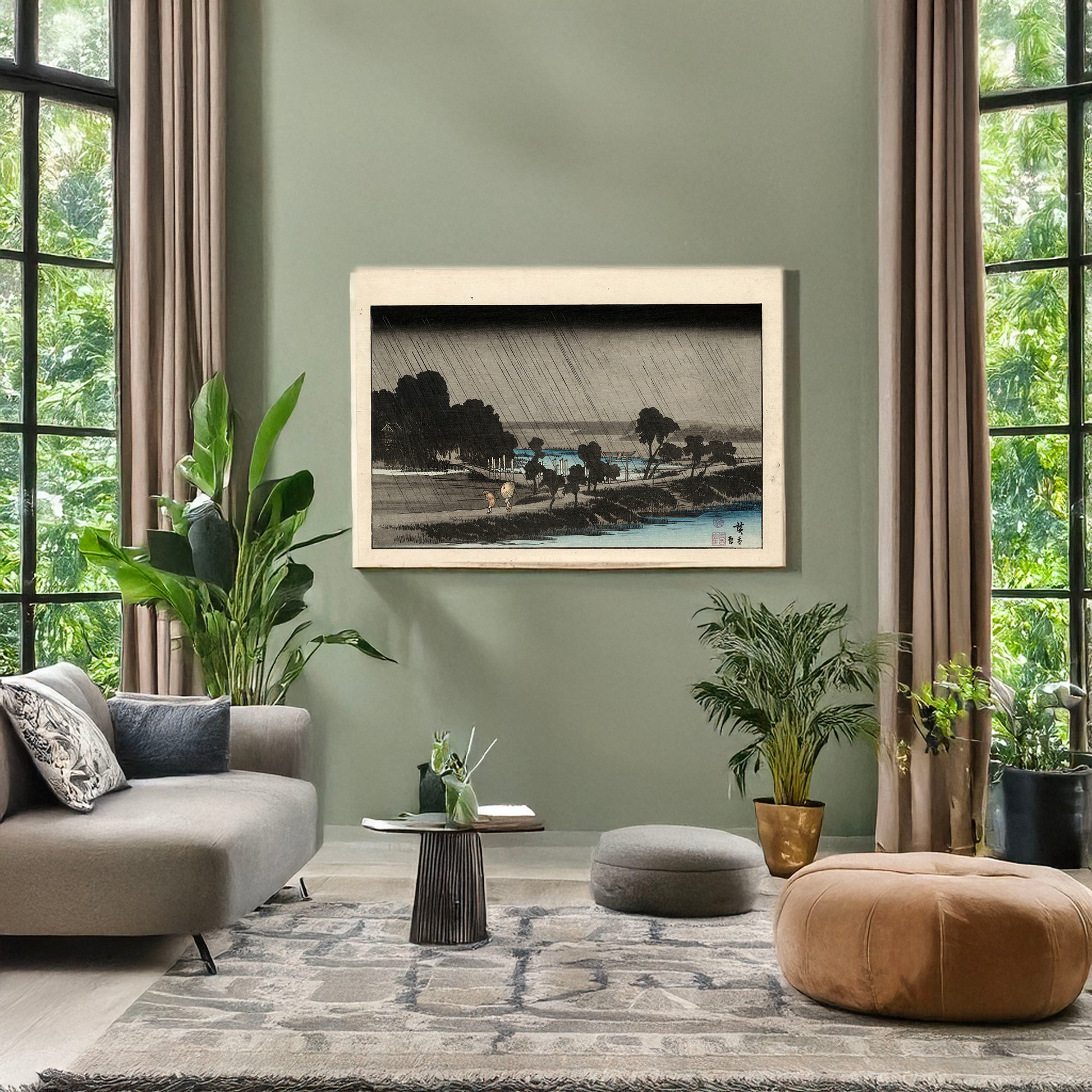 A picture of Azuma no mori no yau, a mockup of the print leaning against a wall