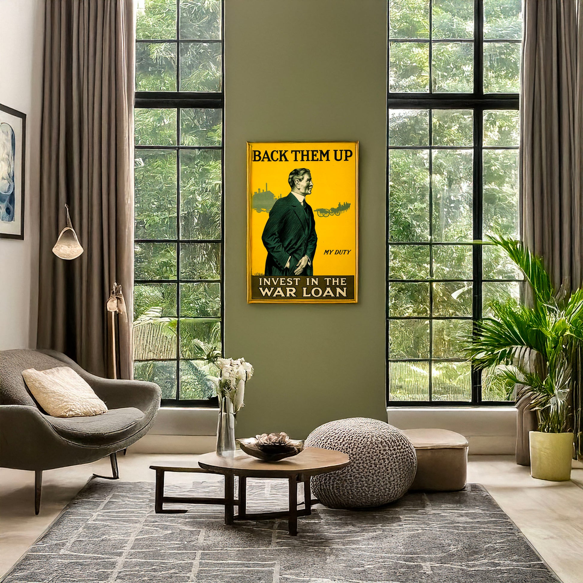 A picture of Back them up. Invest in the war loan, a mockup of the print leaning against a wall