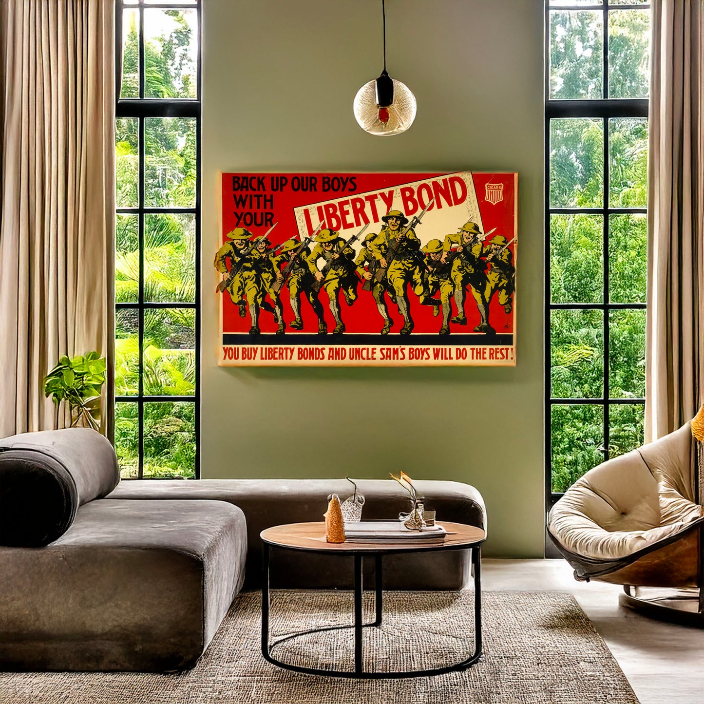 A picture of Back up our boys with your Liberty Bond You buy Liberty Bonds and Uncle Sam's boys will do the rest., a mockup of the print leaning against a wall