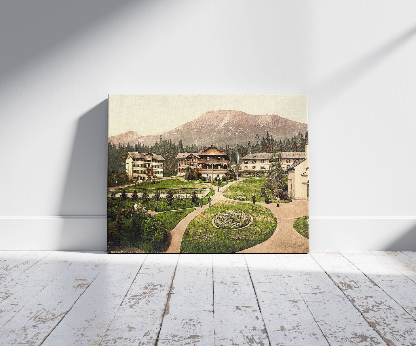 A picture of Bad Alt-Schmecks, upper part, Tatra, Austro-Hungary, a mockup of the print leaning against a wall