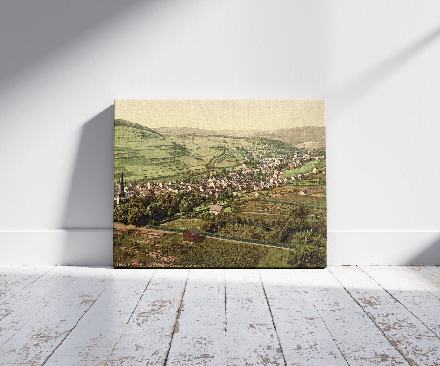 A picture of Bad Lengenschwalbach II., Wiesbaden, Hesse-Nassau, Germany, a mockup of the print leaning against a wall