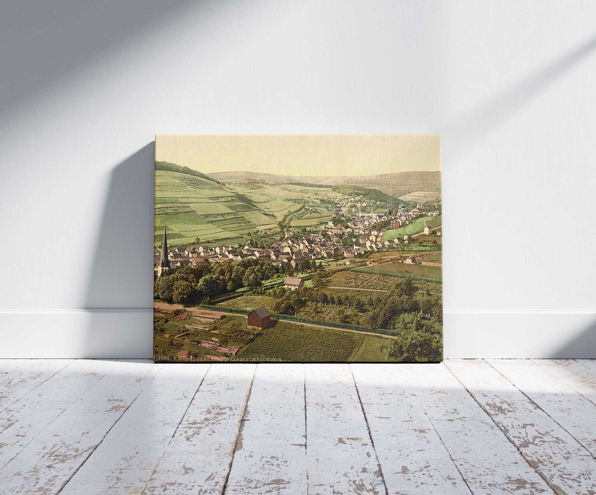A picture of Bad Lengenschwalbach II., Wiesbaden, Hesse-Nassau, Germany, a mockup of the print leaning against a wall