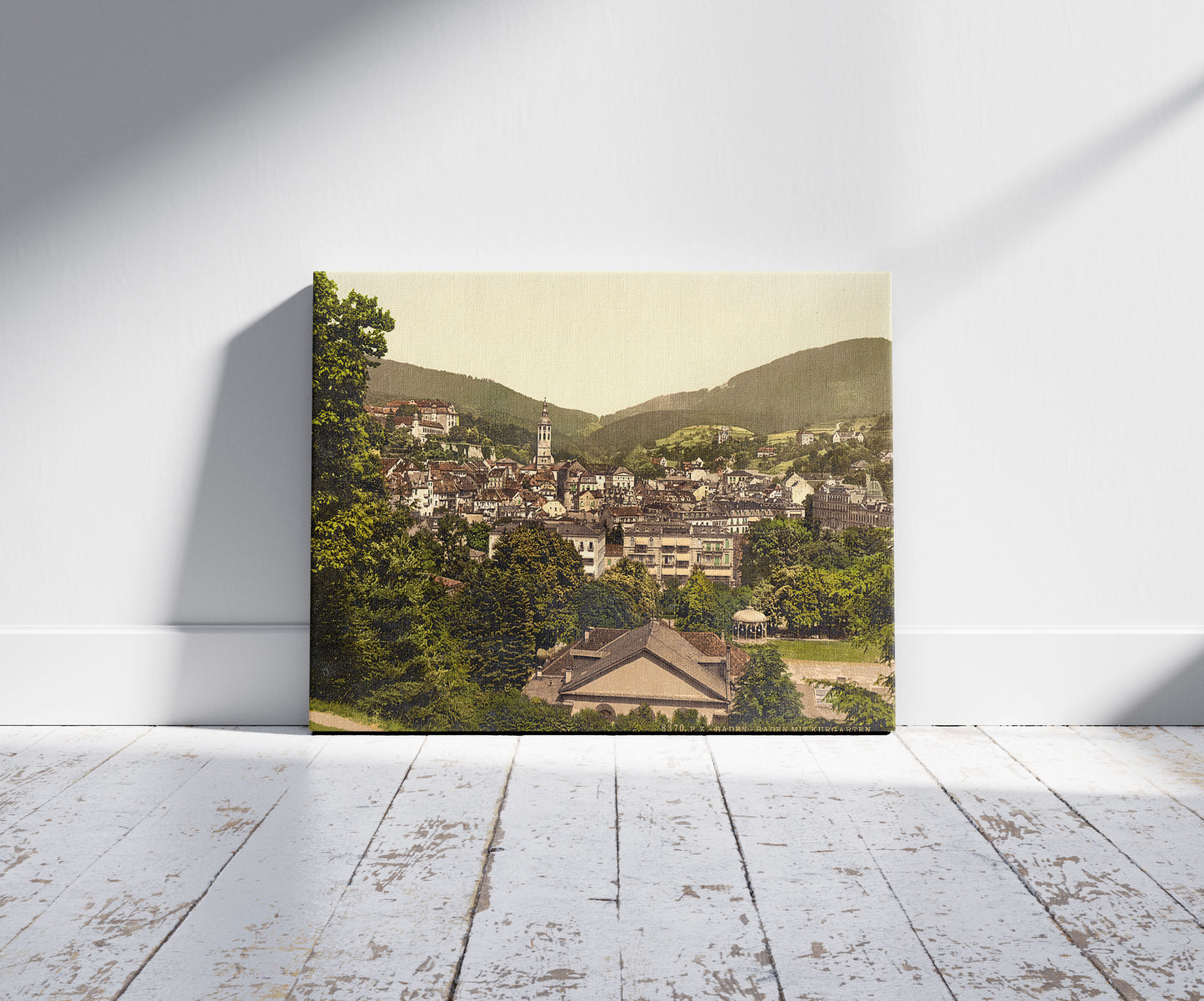 A picture of Baden-Baden and the Kurgarten, Baden, Germany, a mockup of the print leaning against a wall