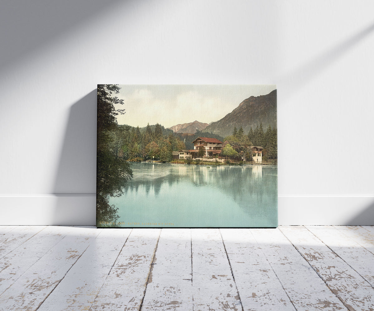 A picture of Badersee with hotel, Upper Bavaria, Germany, a mockup of the print leaning against a wall