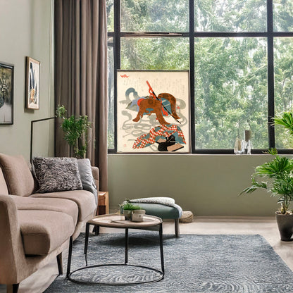 A picture of Bagu, a mockup of the print leaning against a wall
