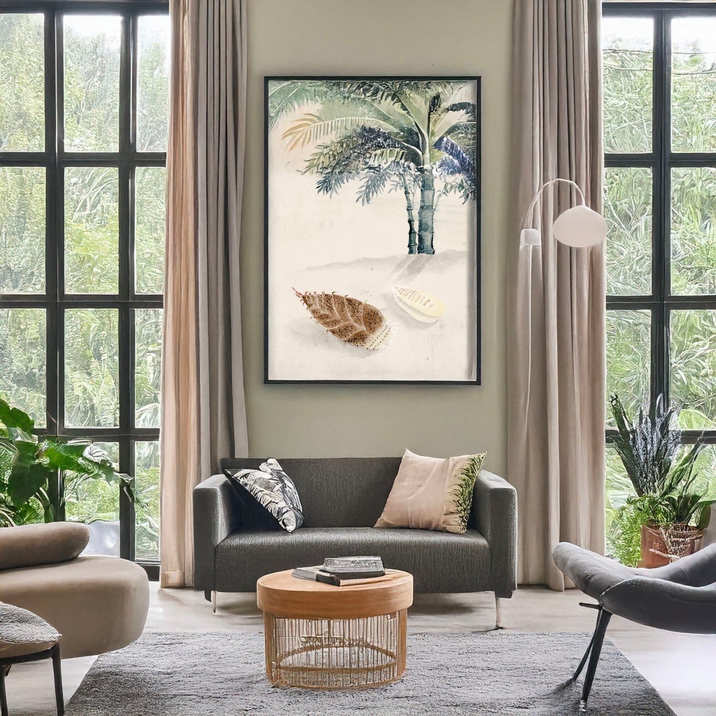 A picture of Bamboo shoot with plant growing in the background, a mockup of the print leaning against a wall