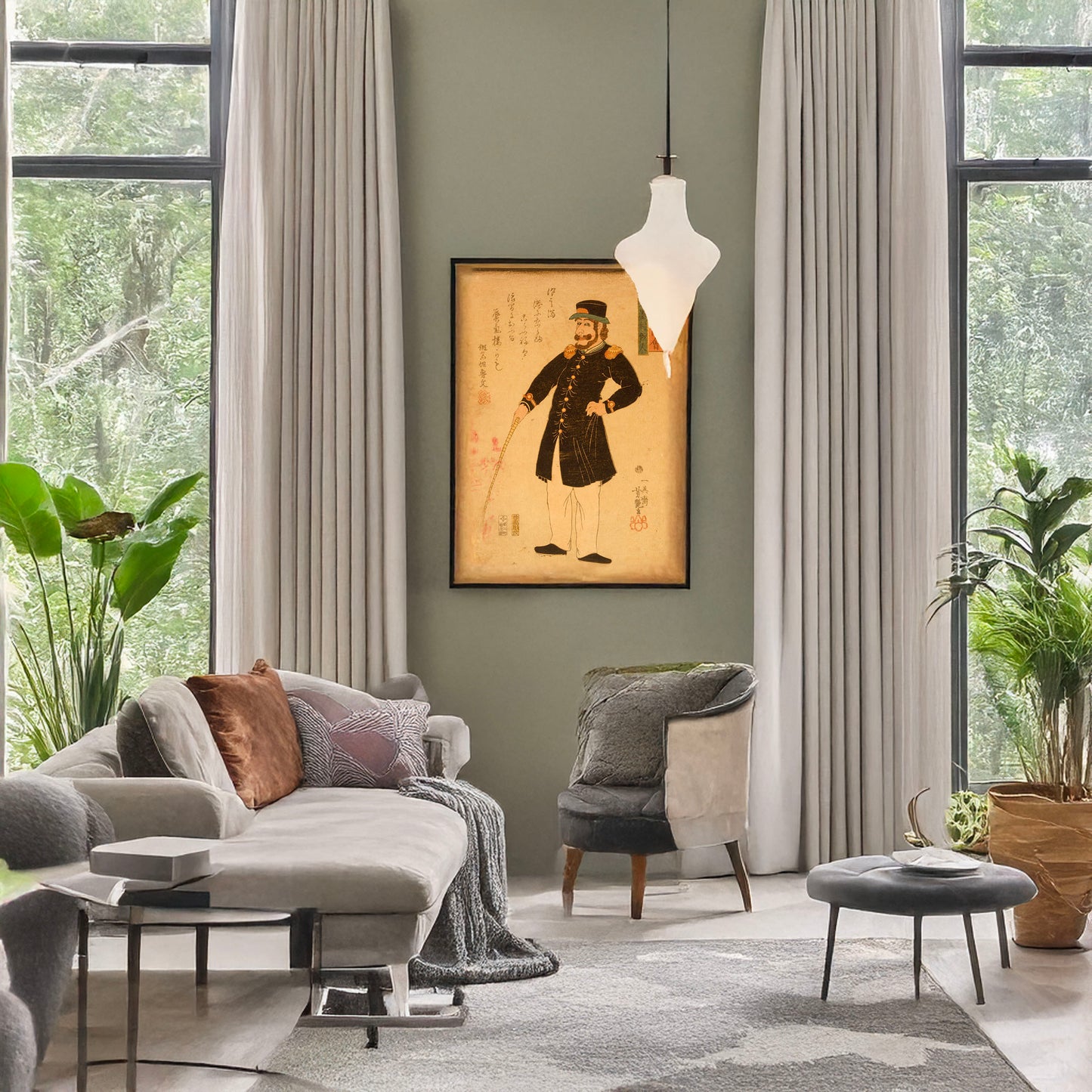 A picture of Bankoku jinbutsu zue - Amerikajin, a mockup of the print leaning against a wall