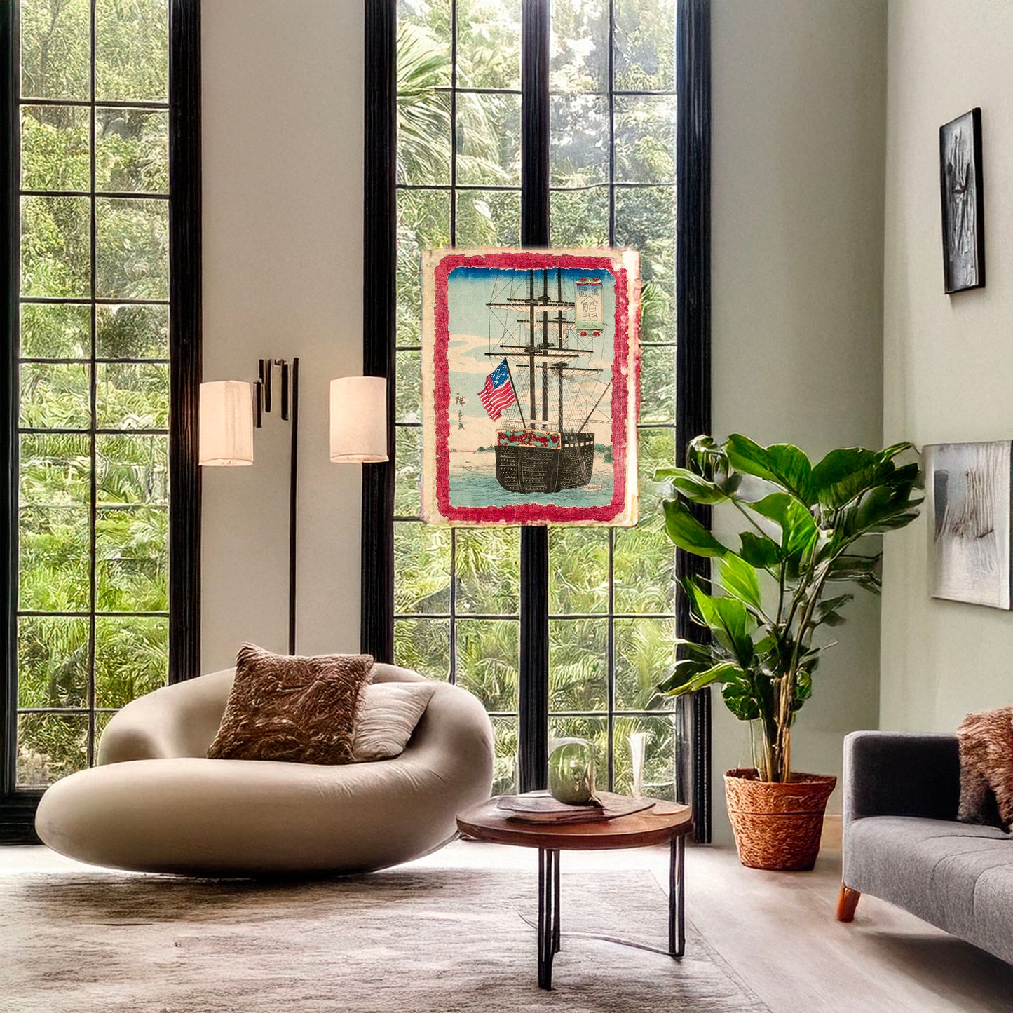 A picture of Bankoku nyūsen sugoroku, a mockup of the print leaning against a wall