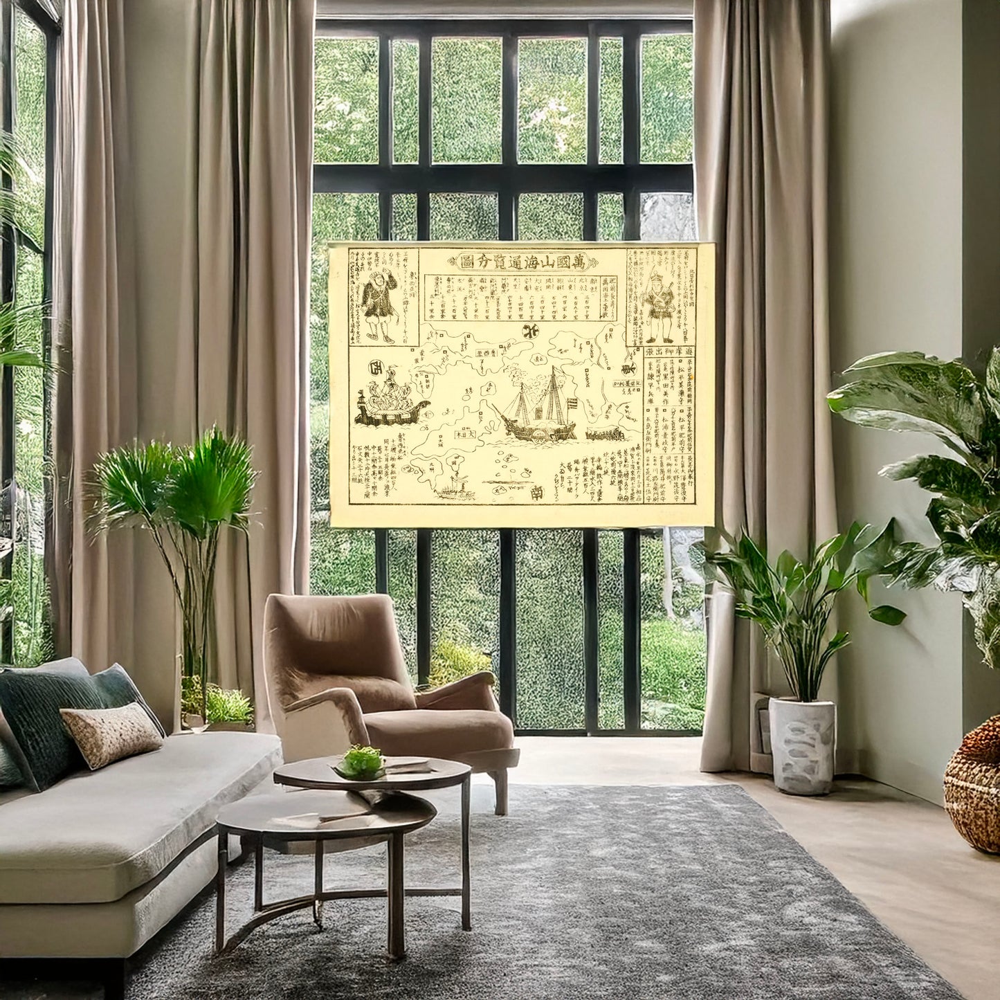 A picture of Bankoku sankai tsuran bunzu, a mockup of the print leaning against a wall