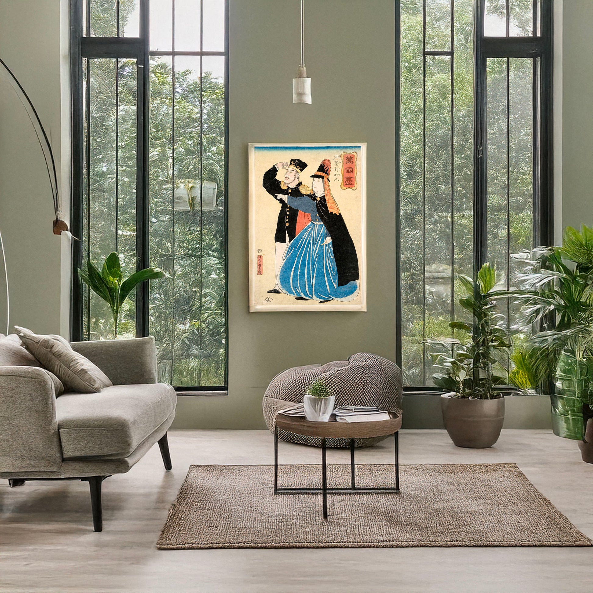 A picture of Bankoku zukushi - Amerikajin, a mockup of the print leaning against a wall
