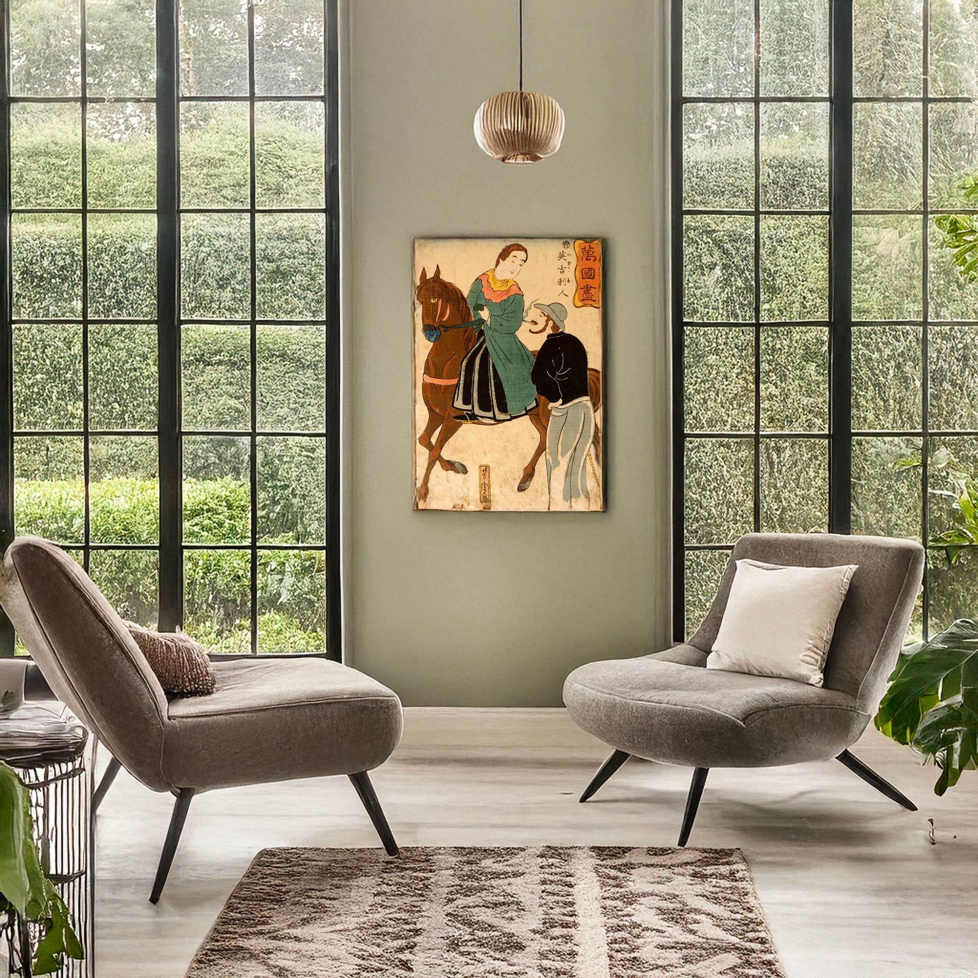 A picture of Bankoku zukushi - Igirisujin, a mockup of the print leaning against a wall
