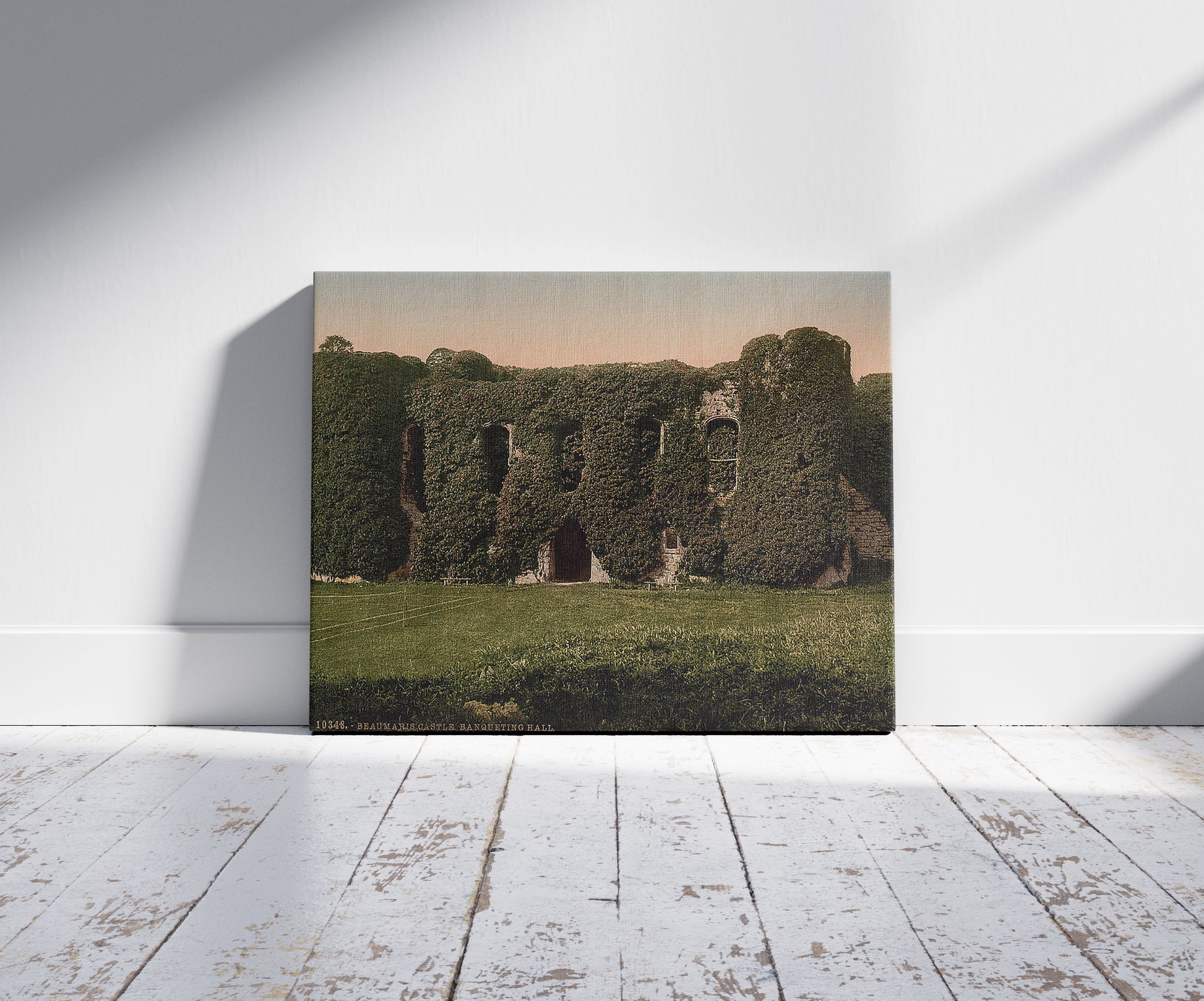 A picture of Banqueting Hill, Beaumaris Castle, Wales, a mockup of the print leaning against a wall