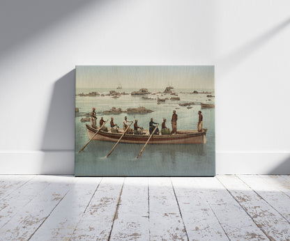 A picture of Barque et Bateliers de Jaffa, a mockup of the print leaning against a wall