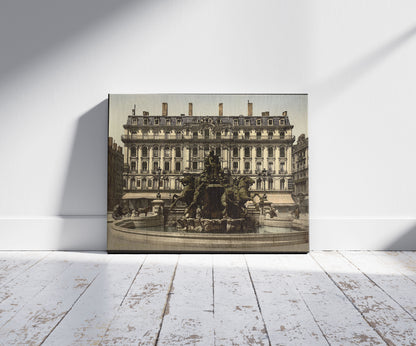 A picture of Bartholdi Fountain, Lyons, France, a mockup of the print leaning against a wall