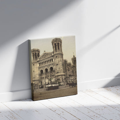 A picture of Basilica Fourviere, main entrance, Lyons, France, a mockup of the print leaning against a wall