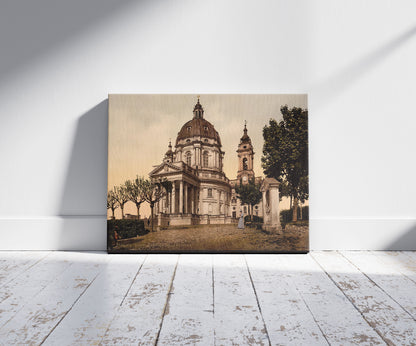 A picture of Basilica Soperga i.e., Superga, Turin, Italy, a mockup of the print leaning against a wall