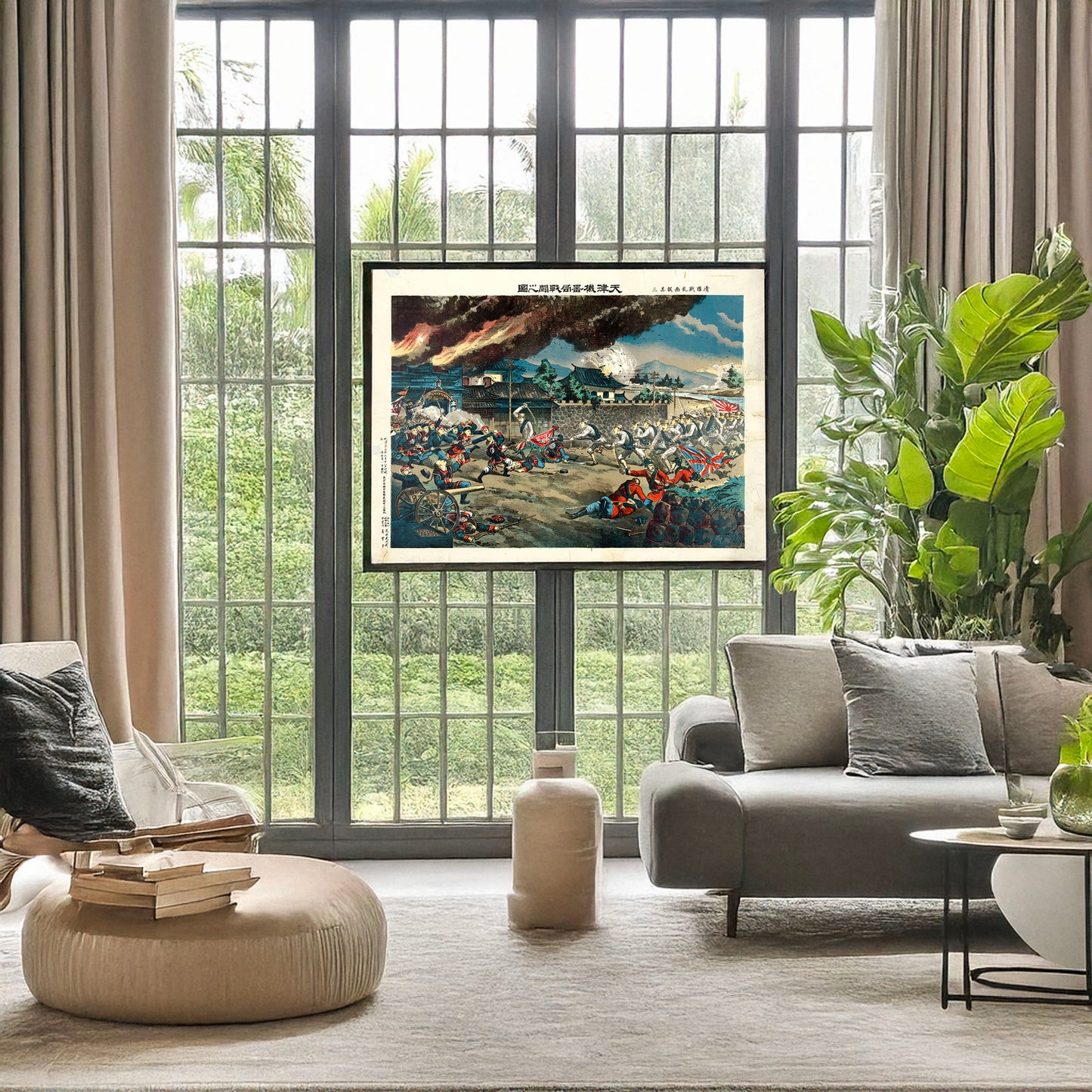A picture of Battle at the machine works, Tʻien-chin, China, a mockup of the print leaning against a wall
