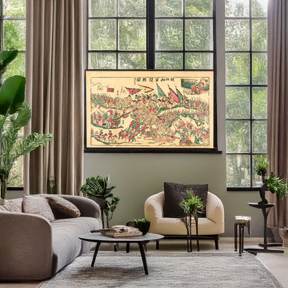 A picture of Battle scene - soldiers engaged in close fighting on a battlefield, a mockup of the print leaning against a wall