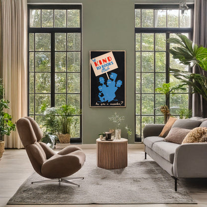 A picture of Be kind to books club Are you a member? /, a mockup of the print leaning against a wall