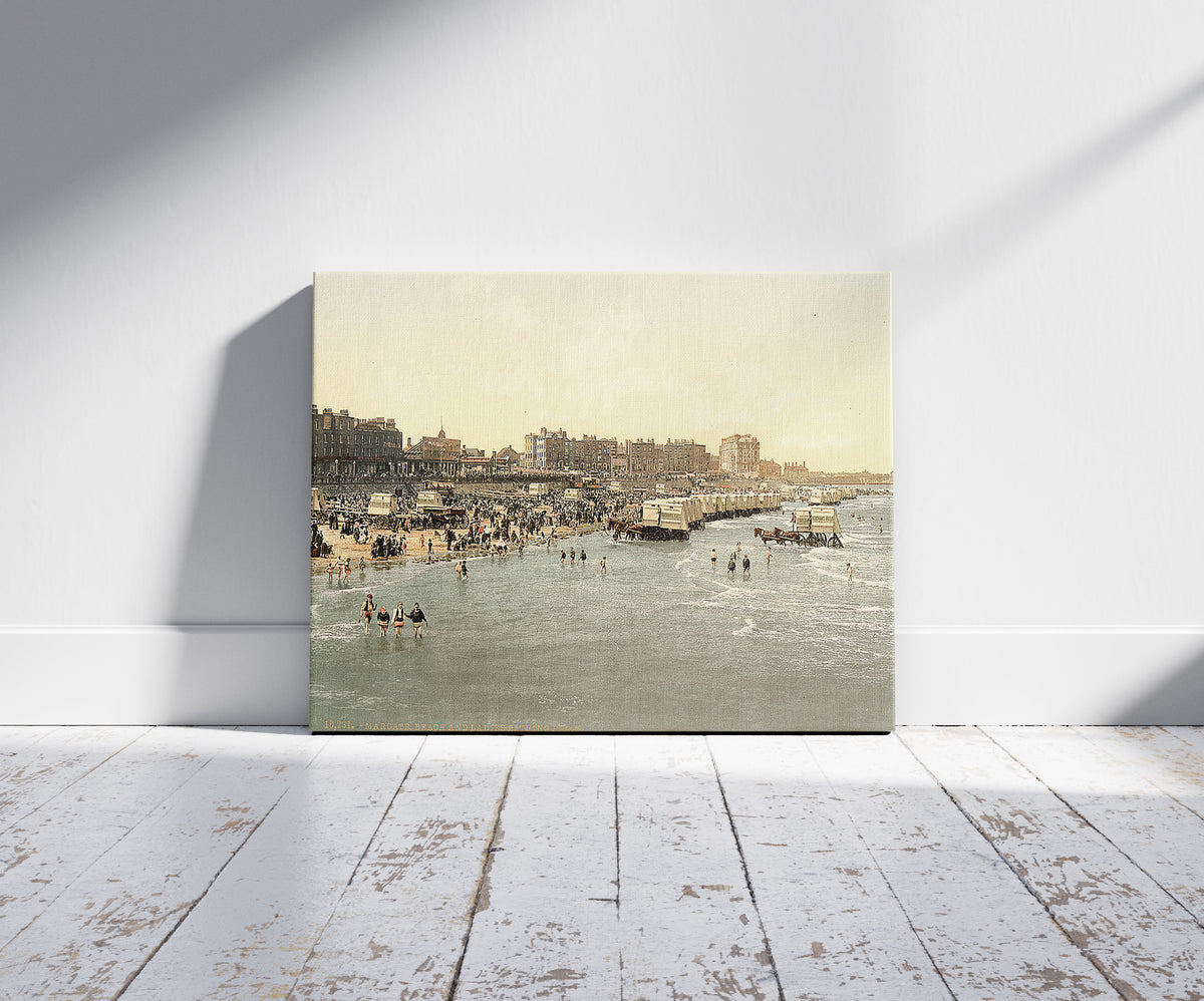 A picture of Beach and ladies' bathing place, Margate, England, a mockup of the print leaning against a wall
