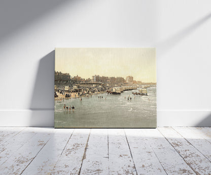 A picture of Beach and ladies' bathing place, Margate, England, a mockup of the print leaning against a wall