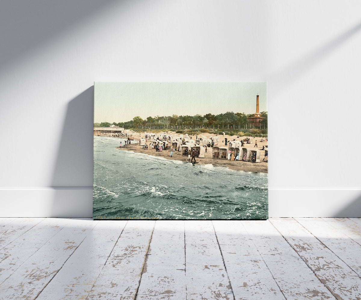 A picture of Beach and park, Colberg, Pomerania, Germany (i.e.,Kołobrzeg, Poland), a mockup of the print leaning against a wall