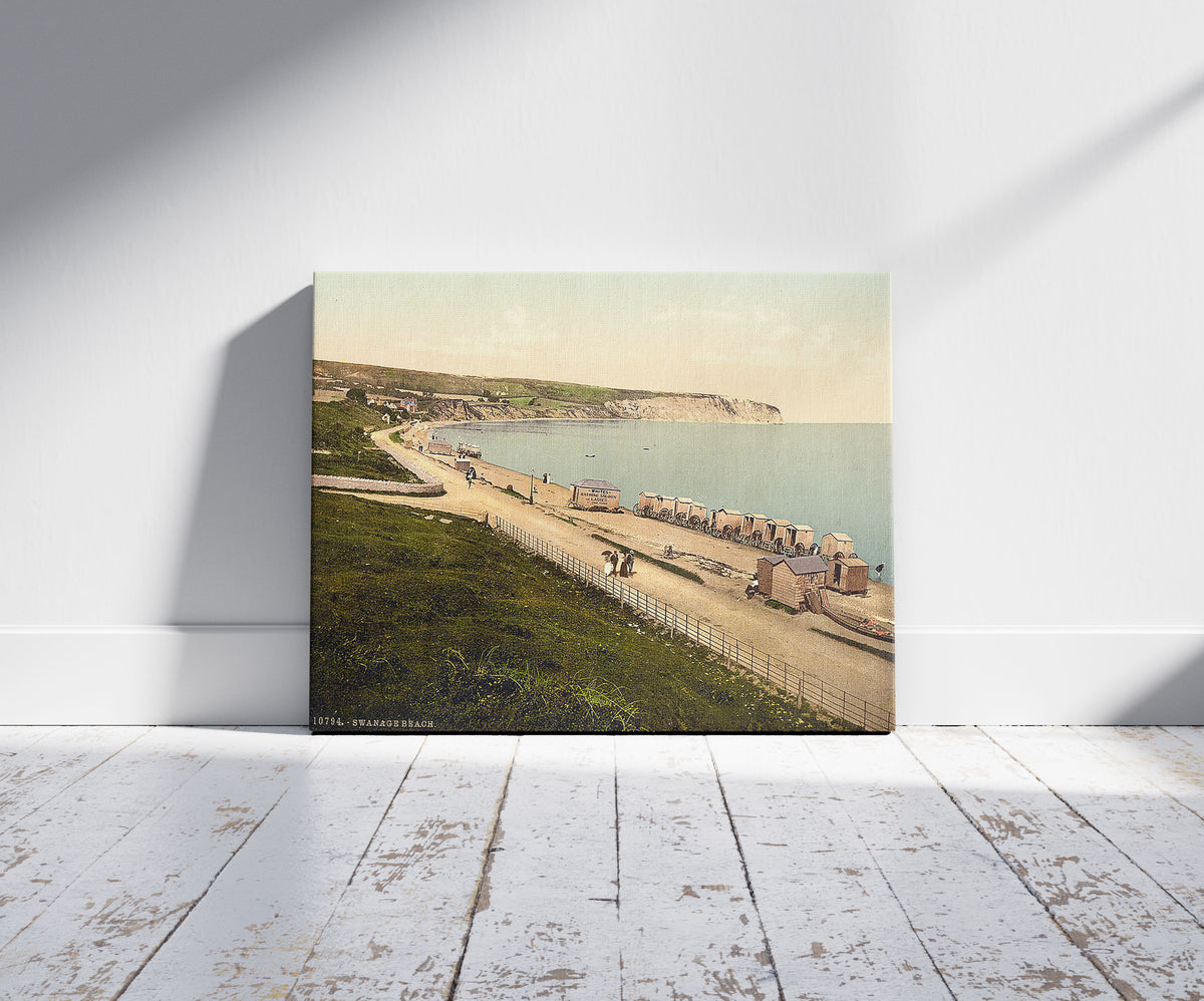 A picture of Beach, Swanage, England, a mockup of the print leaning against a wall