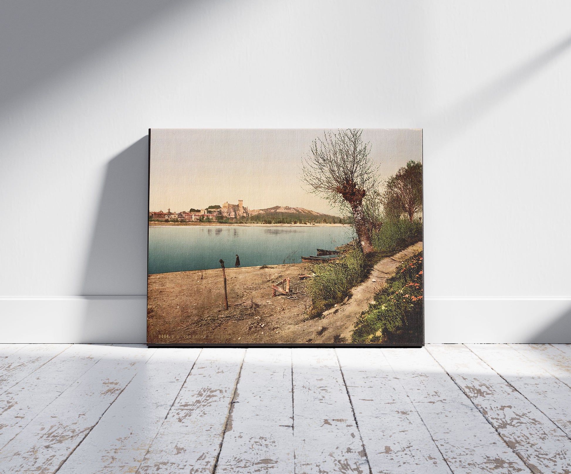 A picture of Beaucaire Castle, Tarascon, Pyrenees, France, a mockup of the print leaning against a wall