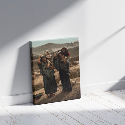 A picture of Bedouins and children outside tent, Holy Land, a mockup of the print leaning against a wall