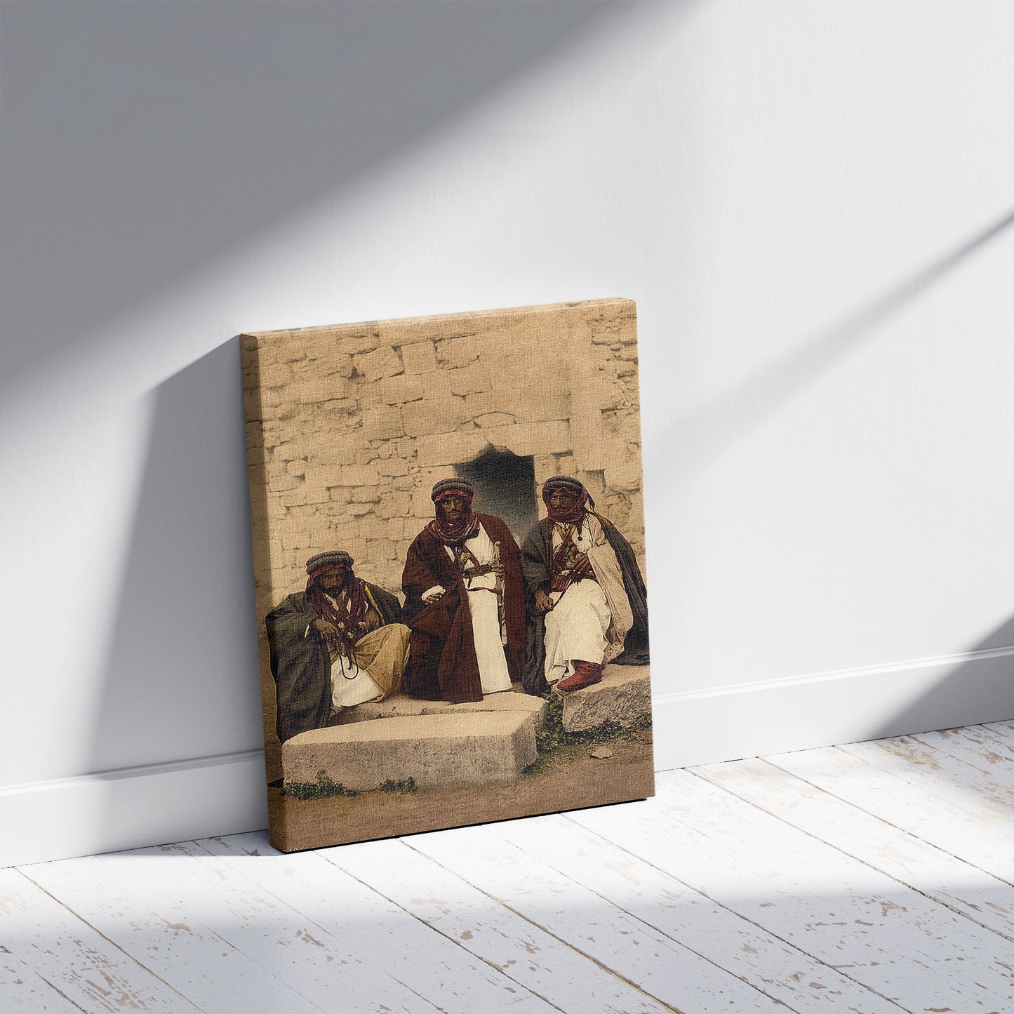 A picture of Bedouins of the Jordan District, Holy Land, a mockup of the print leaning against a wall