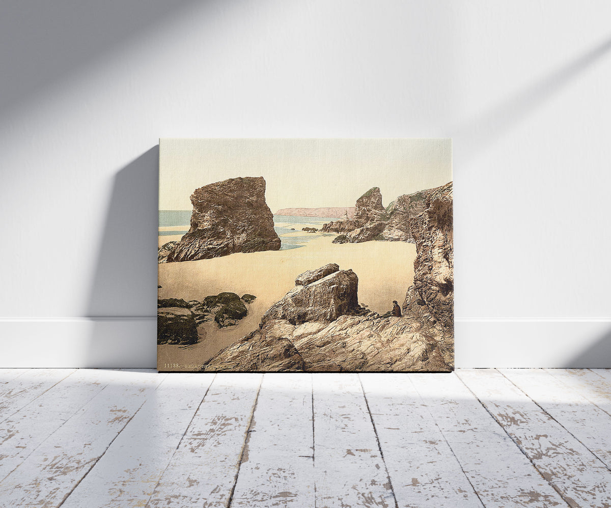 A picture of Bedruthan Steps, I, Cornwall, England, a mockup of the print leaning against a wall