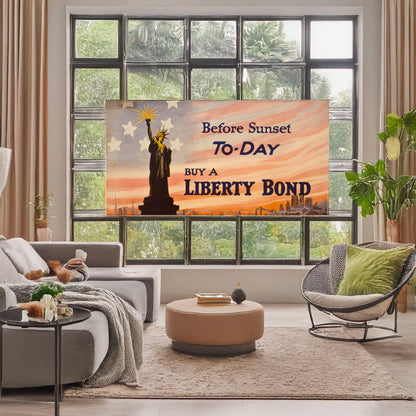 A picture of Before sunset to-day buy a Liberty Bond, a mockup of the print leaning against a wall