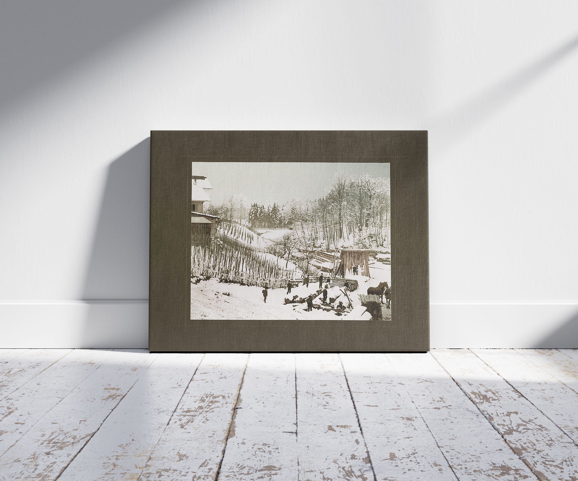 A picture of Bei der Mühle Hirslanden, Zürich, a mockup of the print leaning against a wall