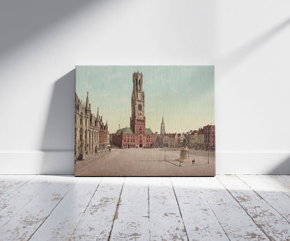 A picture of Belgique. Bruges. La Grande Place et le Beffroi, a mockup of the print leaning against a wall