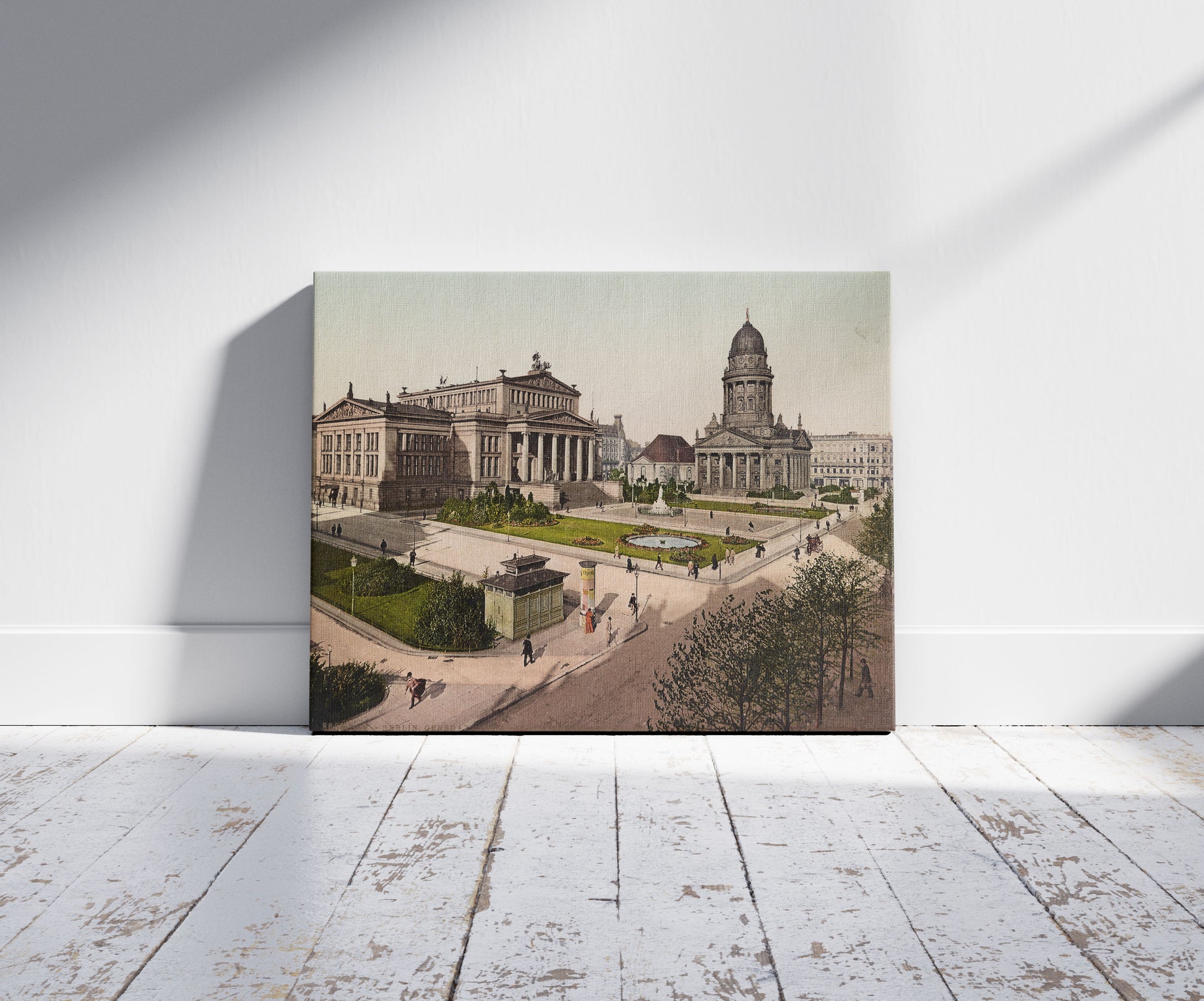 A picture of Berlin. Gendsdarmenmarkt-Schillerplatz, a mockup of the print leaning against a wall