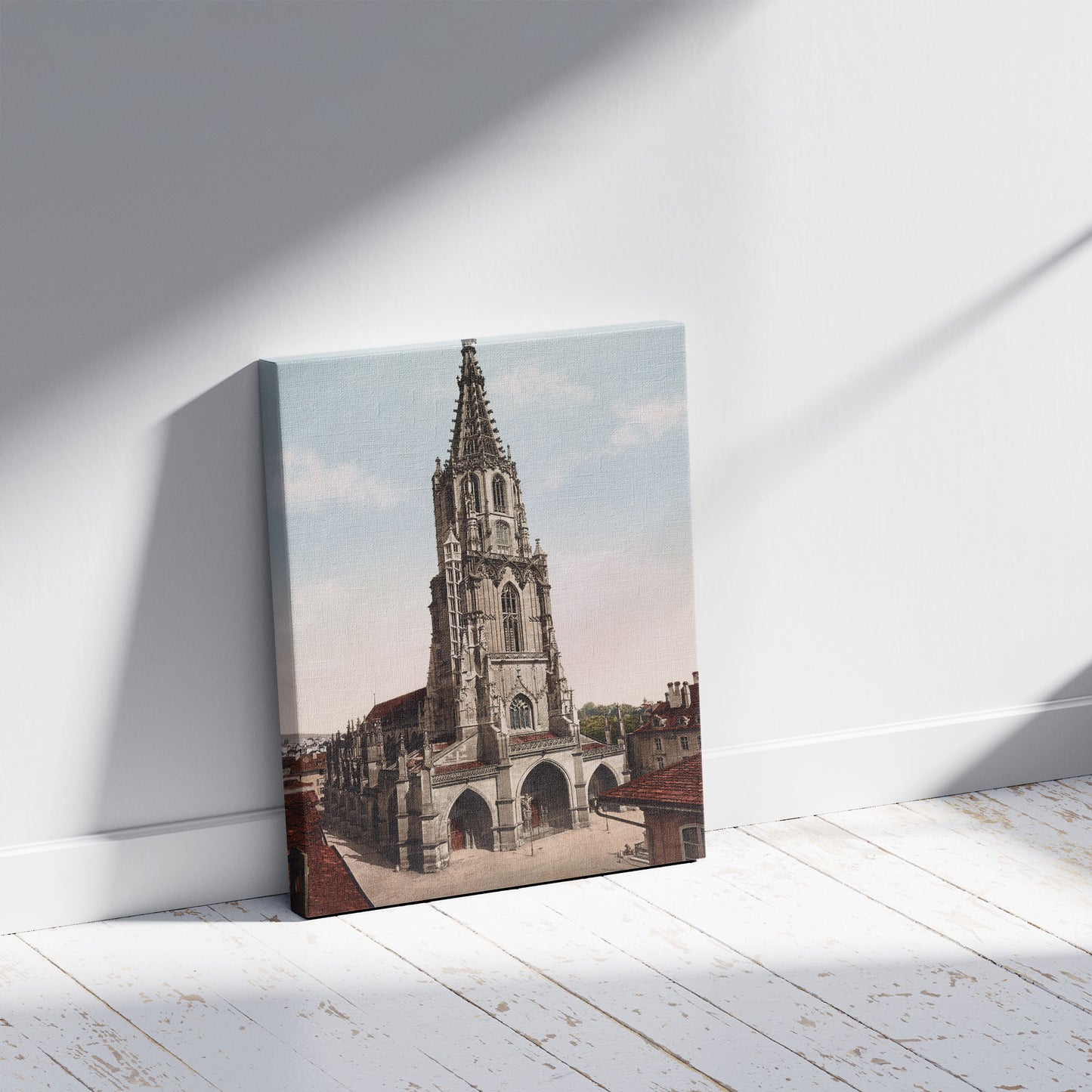A picture of Bern. Das Münster, a mockup of the print leaning against a wall