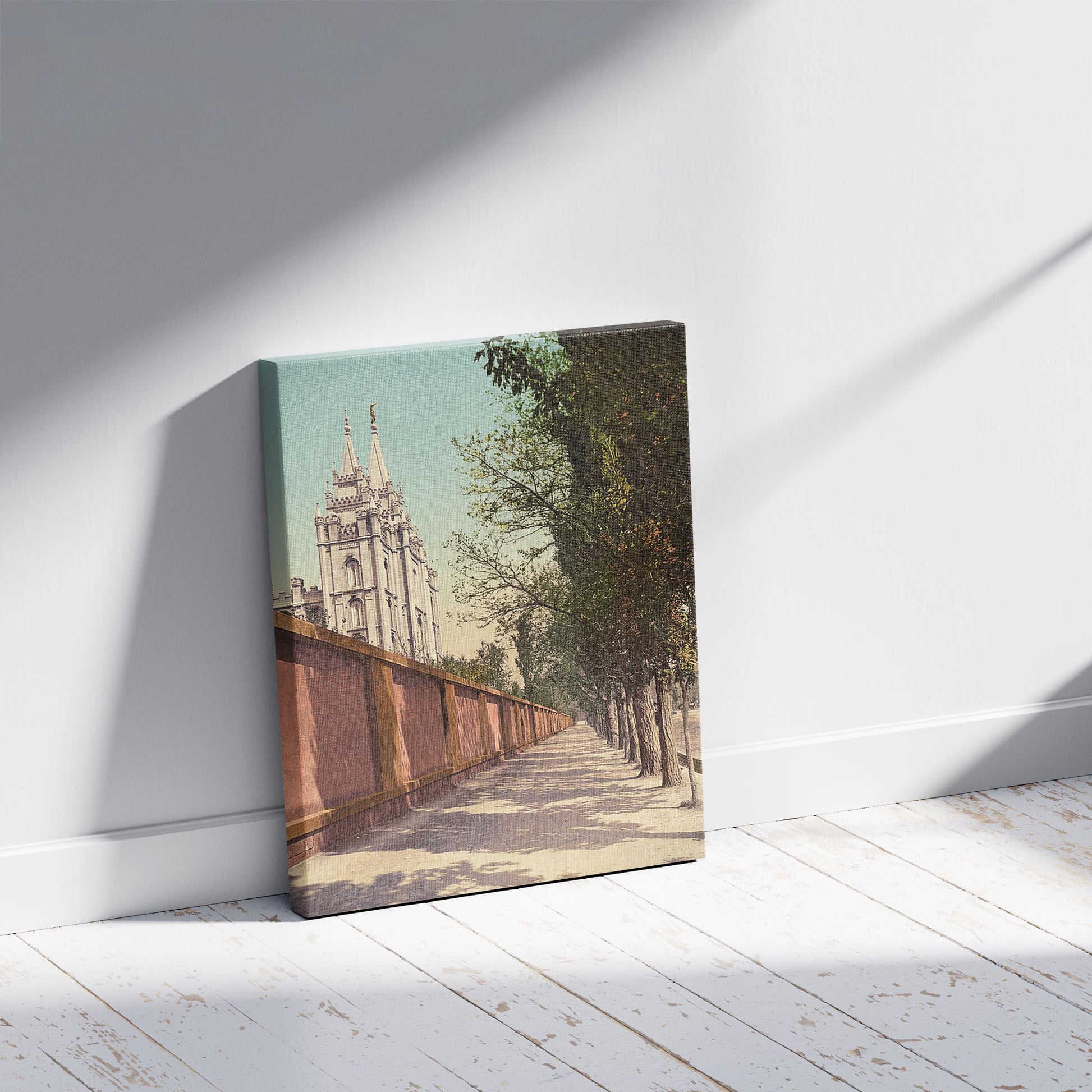 A picture of Beside the Temple, Salt Lake City, a mockup of the print leaning against a wall