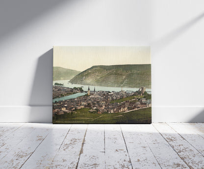 A picture of Bingen and the bridge, the Rhine, Germany, a mockup of the print leaning against a wall