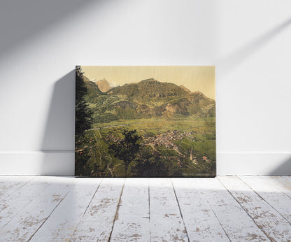A picture of Bird's-eye-view of Meiringen, Bernese Oberland, Switzerland, a mockup of the print leaning against a wall