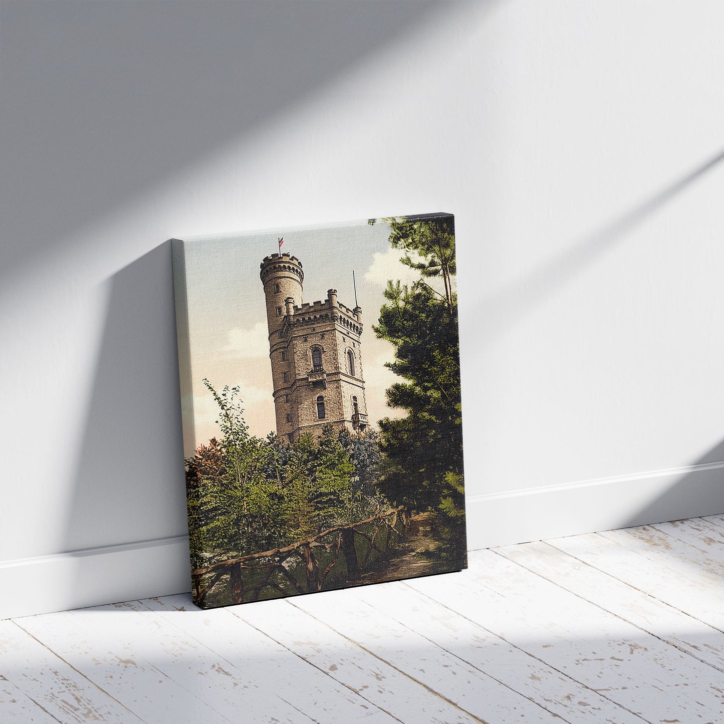 A picture of Bismark's Tower, Gottingen, Hartz, Germany, a mockup of the print leaning against a wall