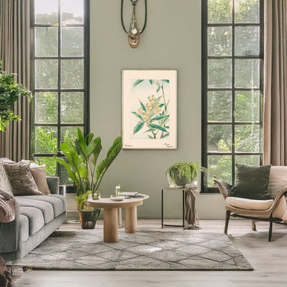 A picture of Biwa loquat, a mockup of the print leaning against a wall
