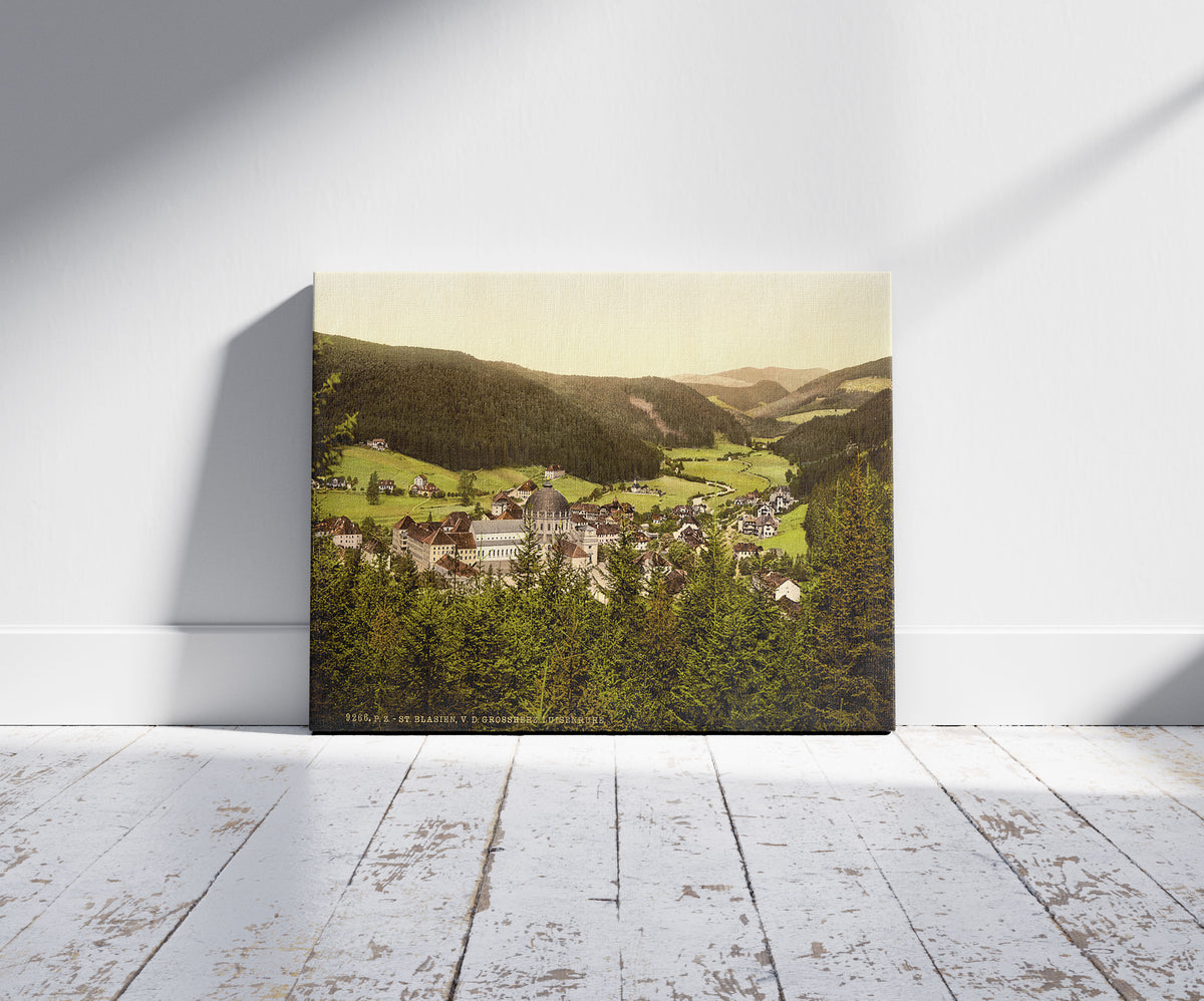 A picture of Black Forest from Grossehrz Luisenruhe, Baden, Germany, a mockup of the print leaning against a wall