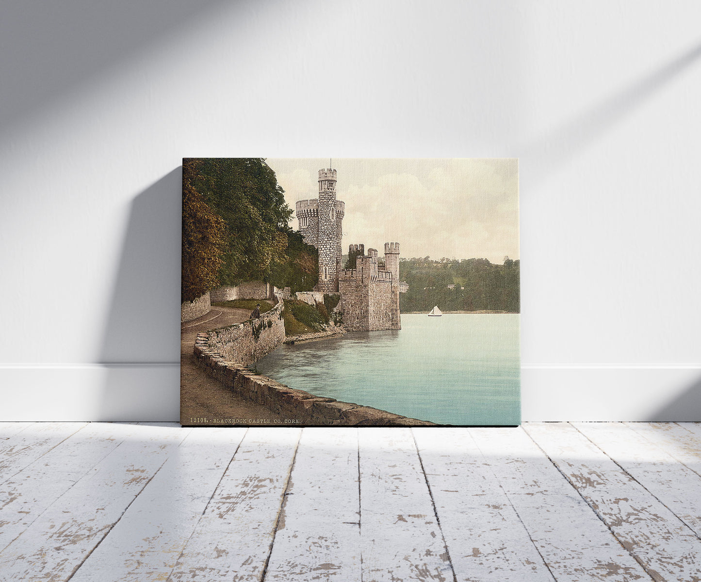 A picture of Blackrock Castle. County Cork, Ireland, a mockup of the print leaning against a wall