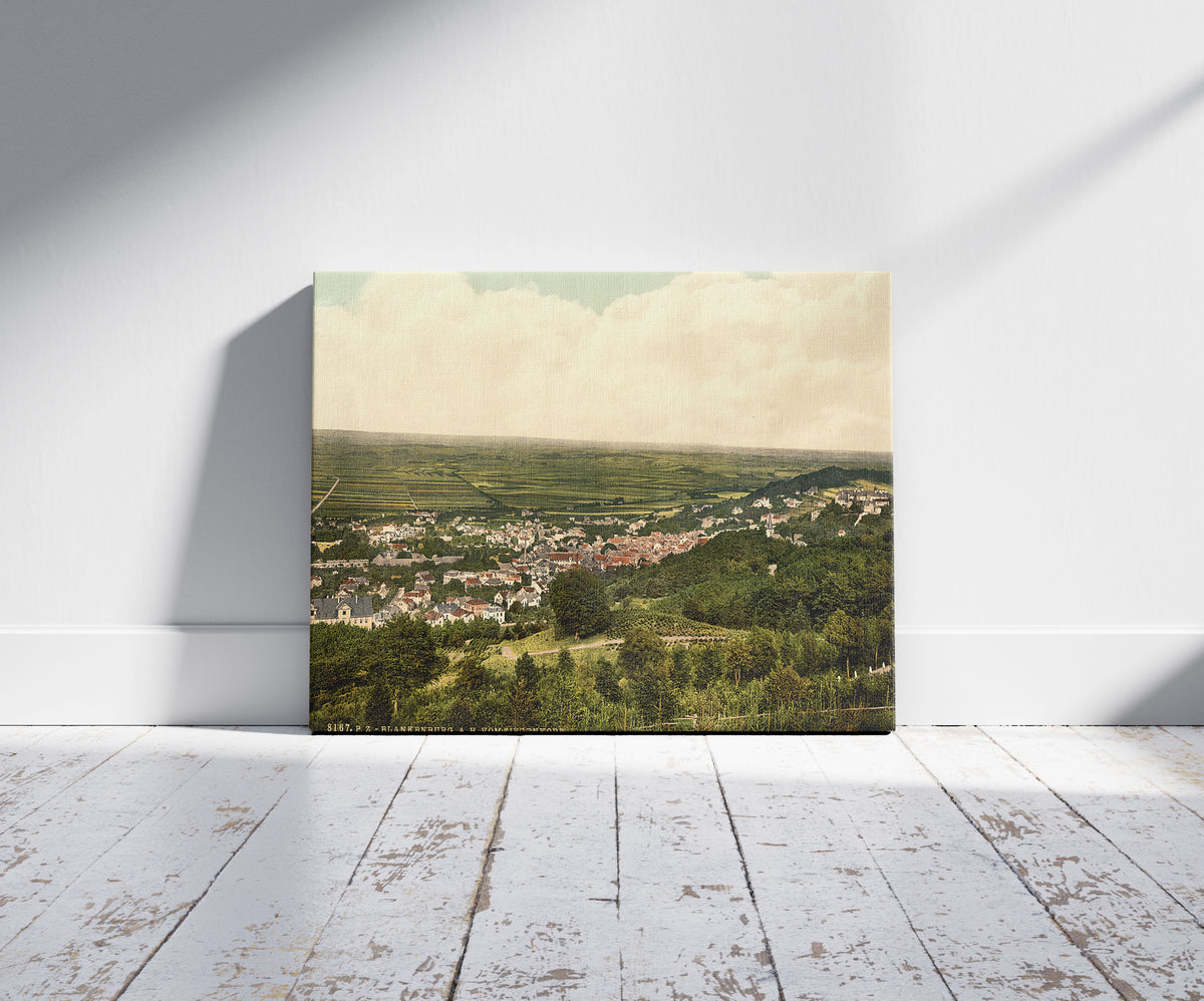 A picture of Blankenburg, from the Ziegenkopf, Hartz Mountains, Germany, a mockup of the print leaning against a wall