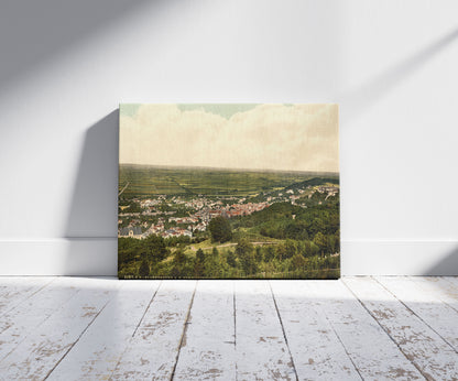 A picture of Blankenburg, from the Ziegenkopf, Hartz Mountains, Germany, a mockup of the print leaning against a wall