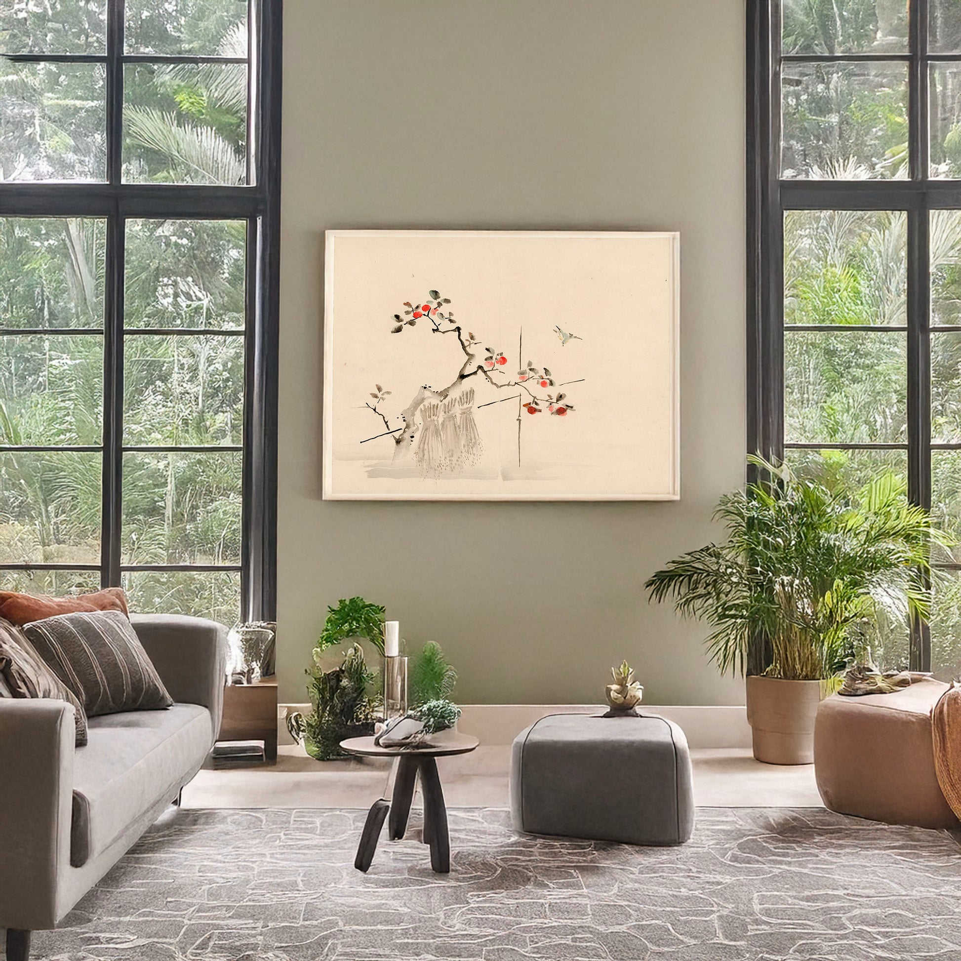 A picture of Blue bird about to land on a branch of a fruit tree, a mockup of the print leaning against a wall